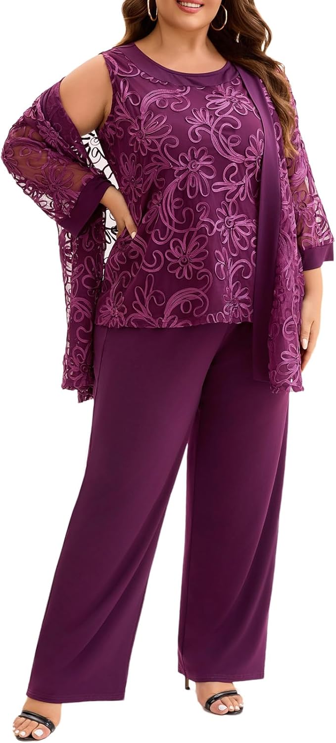 Plus Size 3 Piece Floral Embroidered Pantsuit Set Women Mother of Bride Wedding Guest Formal Evening Cocktail Party Attire