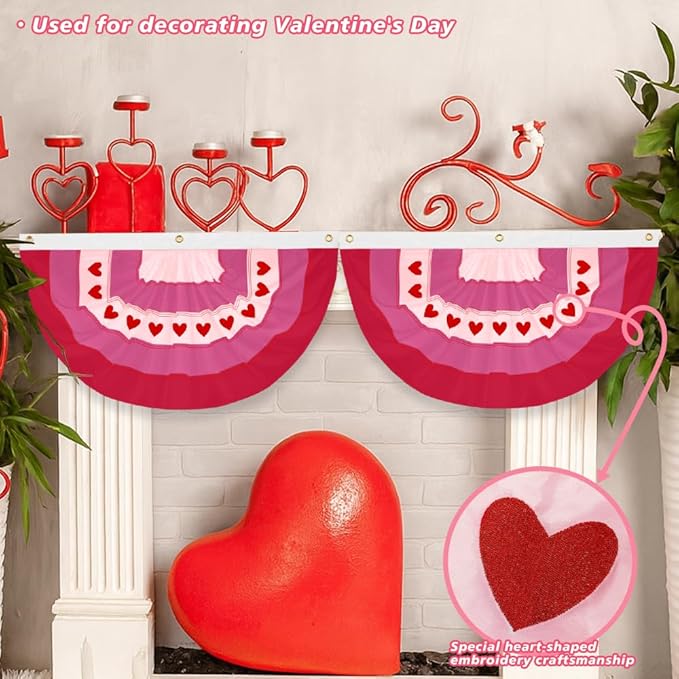 4Pcs Valentine Bunting Flags 2x4Ft Embroidered Love Heart Half Fan Valentine’s Day Galentine’s Day Decor Banner for Outdoor Porch Garden Fence Décor Engagement Party Anniversary/Wedding