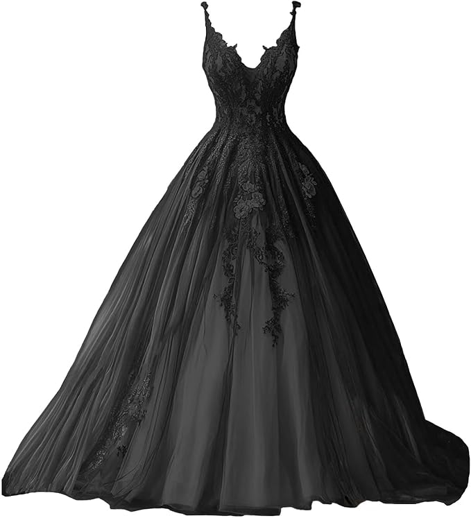 TRHTX Spaghetti Straps Wedding Dresses for Bride Layered Tulle Gothic Black Bridal Gowns Lace Applique Wedding Gowns