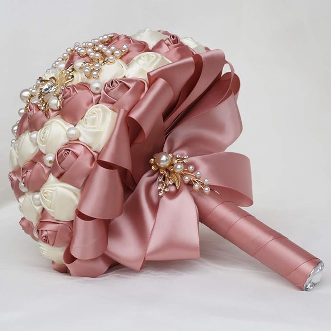 Handmade Wedding Bride Bridesmaid Bridal Bouquet Rose Holding Toss Artificial Flowers Bouquets with Satin Ribbon Pearls Rhinestone for Wedding Celebration Valentine’s Day Parties Bouquet Decor