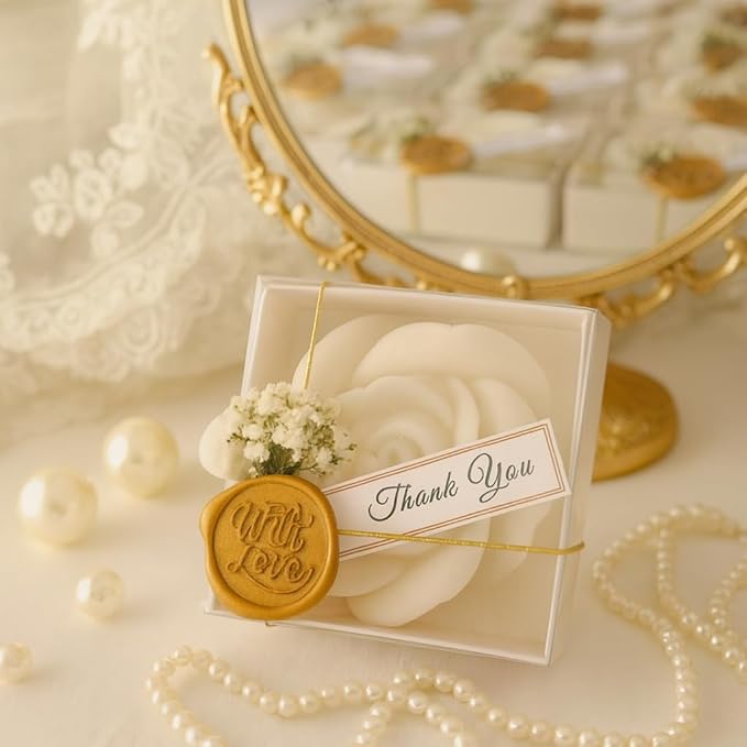 White Rose Petal Soy Wax Candles in Bulk – Rose Candle Wedding Favors for Guests, Personalized Candle Favors for Bridal Shower & Baby Shower Gifts – Dried Flower & Wax Seal Design (40 Pieces)