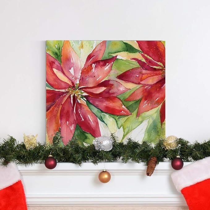 Renditions Gallery Poinsettia Leaves Wall Art, Christmas & Winter Artwork, Festive Red & Green, Flowers, Floral, Premium Gallery Wrapped Canvas Decor, Ready to Hang, 16 in H x 16 in W, Made in America