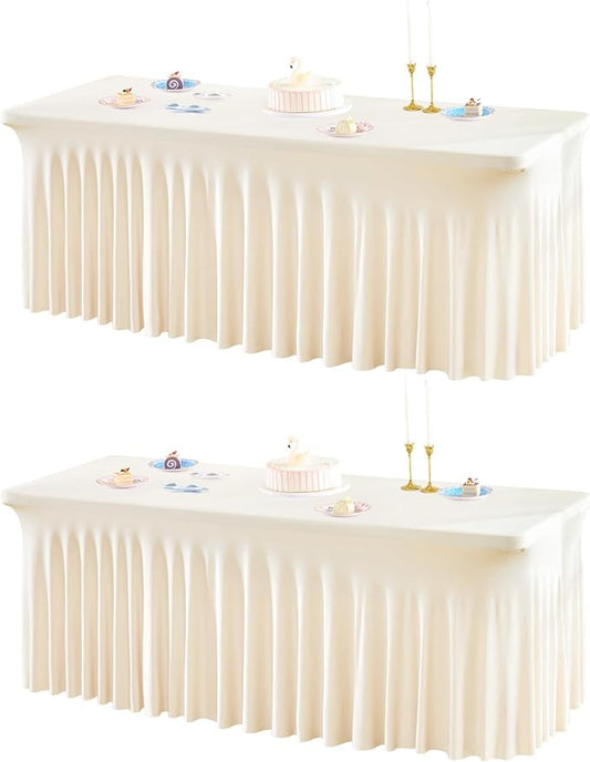 2 Packs Ivory Table Clothes for 4 Foot Rectangle Tables, One-Piece Wrinkle Resistant Stretch Spandex Table Covers with Skirt for Event Banquet Wedding Birthday Party