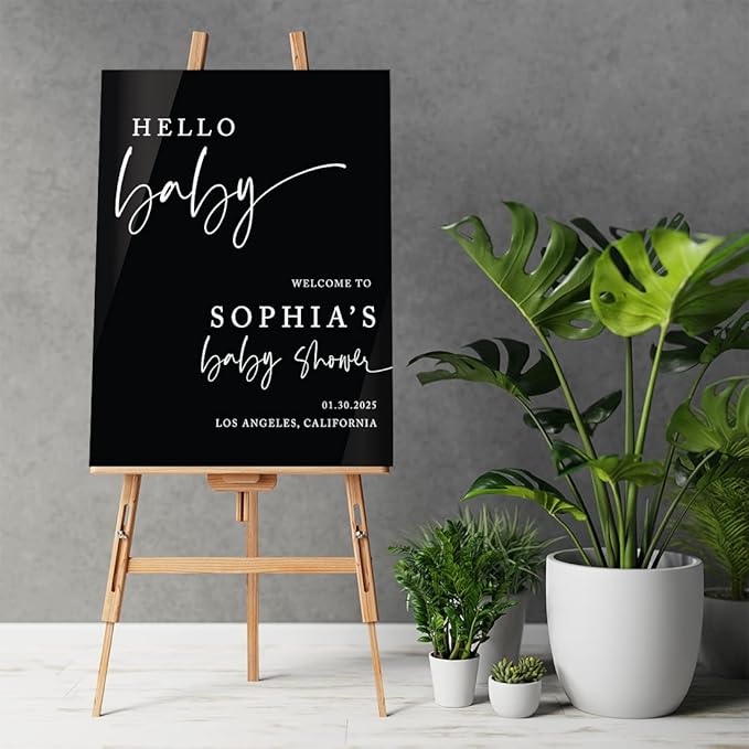 Andaz Press 16"x20" Black Acrylic Personalized Baby Shower Welcome Sign, Gender Neutral Large Custom Sign for Easel Stand, Modern Hello Baby Shower Decorations
