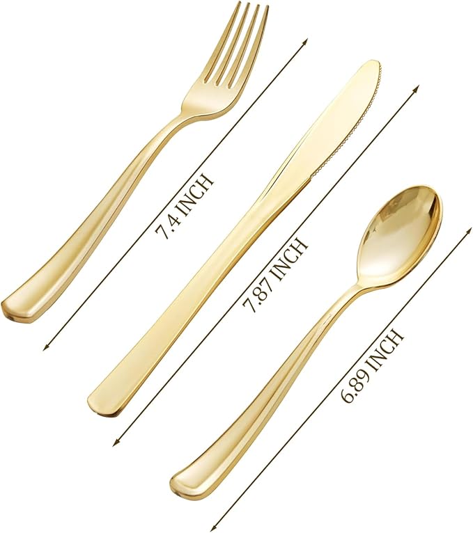 bUCLA 600 Pieces Gold Plastic Silverware - Disposable Gold Utensils - Heavy Duty Plastic Cutlery set- 200 Forks, 200 Spoons, 200 Knives for Party & Wedding
