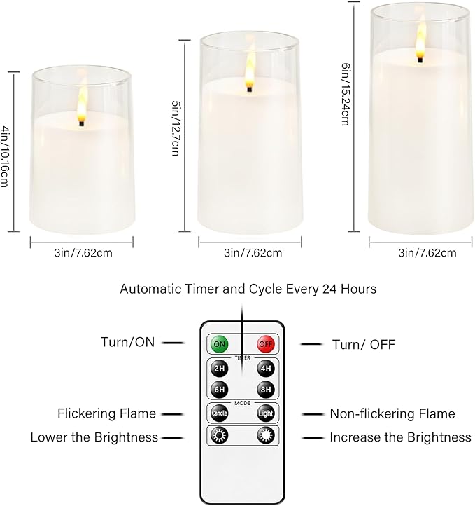 Flickering Flameless Candles Battery Operated with Remote and 2/4/6/8 H Timer Acrylic Led Pillar Candles Pack of 9 (D 3" xH 4" 5" 6") with Realistic 3D Wick Candles for Home Decor(White)