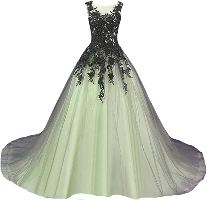 Kivary Gothic Gray Tulle Long Black Lace Sheer Bateau Prom Wedding Dresses