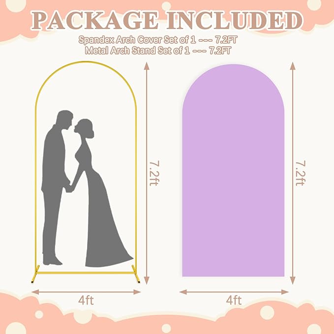 7.2 FT Wedding Arch Backdrop Stand and Arch Cover Gold Metal Arched Backdrop Frame Stand with Lilac Spandex Arches Covers Stretchy Backdrops for Birthday Baby Shower Party Ceremony Decor