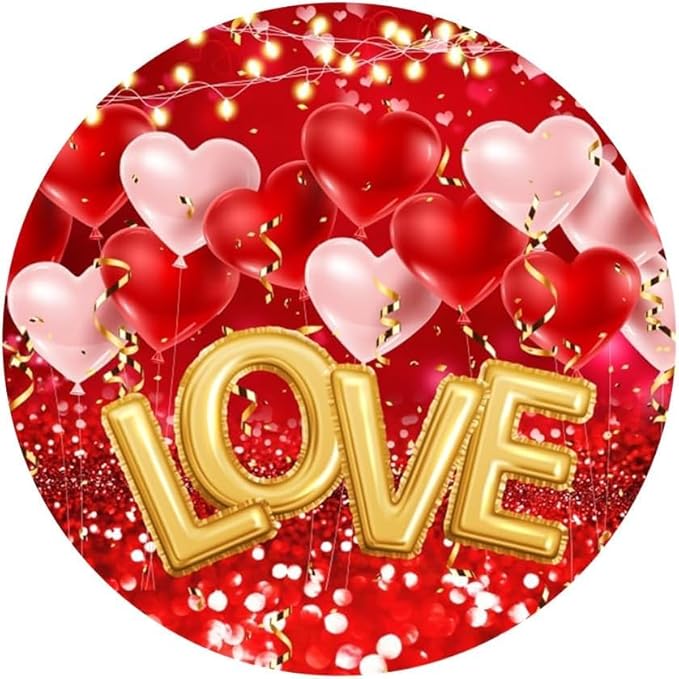Valentine's Round Backdrop Cover Red Glitter Heart Balloons Love Lights Sweethearts Romantic Lover Photography Background Wedding Anniversary Party Banner Party Props 6.56ft