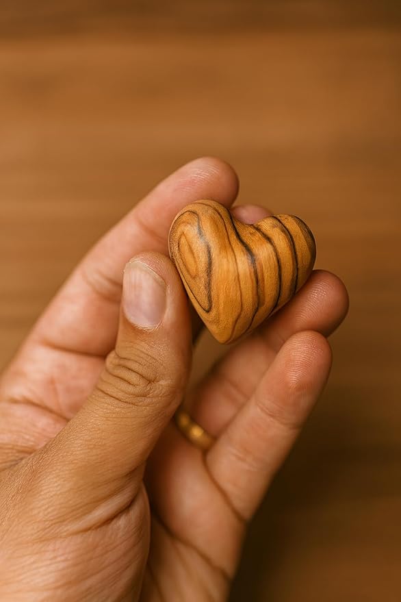 Zuluf Set of 10 Mini Olive Wood Hearts 1.2" Bulk Pack Hand Carved Wooden Hearts Wedding Favors Party Pack Valentine Bowl Filler Decorations Pocket Hug Sympathy Gift Made in Bethlehem w/Certificate