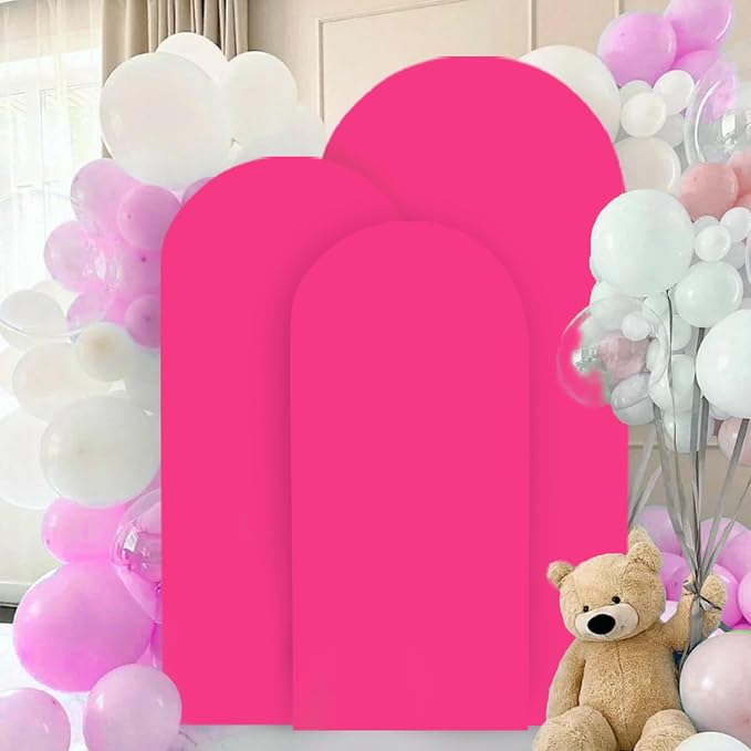 Arch Backdrop Cover Set of 3 Hot Pink Arch Cover Backdrop Fabric 5FT 6FT 7FT Spandex Round Top Arches Stand Covers for Birthday Party Arched Covers Stretchy Backdrops for Prom Reception Decor