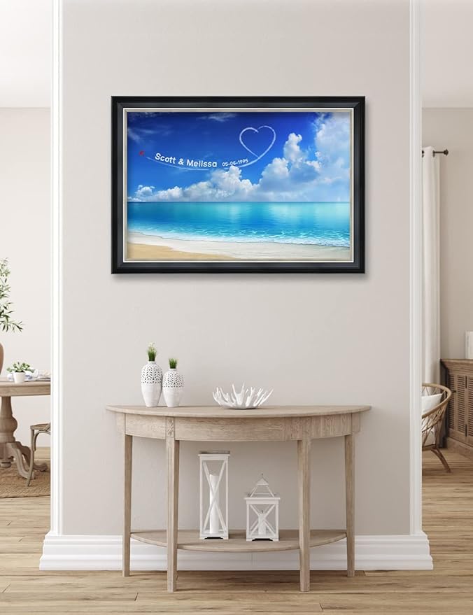 IPIC - Seaside Skywriting, Personalized Ideal Gift Custom Framed Wall Art with Names and Date, Giclee Prints with Solid Wood Frame, Unique and Memorable Present. Wall Art for Home Decor.