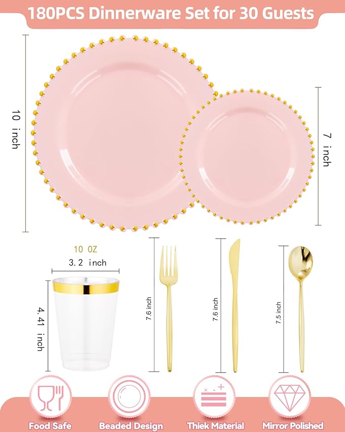 180pcs Pink Plastic Plates with Gold Beads,Elegant Heavy Duty Disposable Plates,Pink and Gold Dinnerware Set Include 10.25" Dinner Plate and 7.5" Dessert Plate with Plastic Silverware and Cups Party