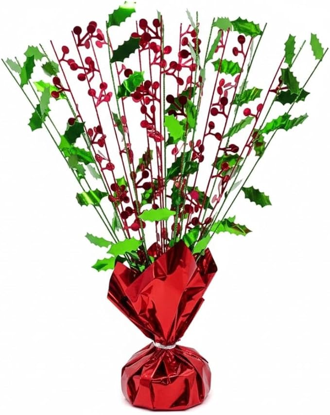 PMU 12Pc Christmas Bursting Holly Berry Centerpiece For Table Decor, Table Balloon Weights for Theme Party Decorations Supplies Red & Green |15in