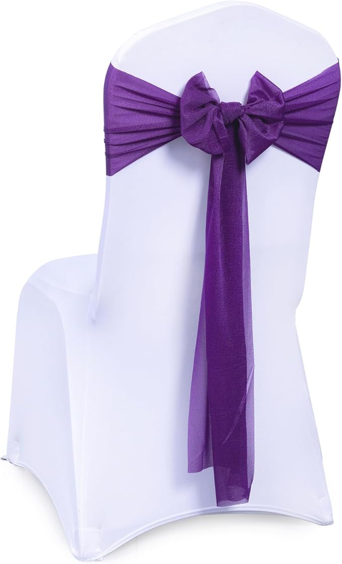 VDS Pack of 75, Purple, Sheer Chiffon Chair Sashes Bows Chair Cover Back Tie Ribbon for Wedding Birthday Baby Shower Engagement Ceremony Event Party Banquet Restaurant Dining Chair Decoration