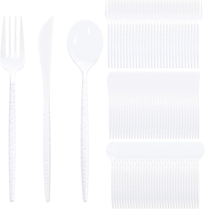 Supernal 360Pcs White Plastic Silverware, Hard Plastic Cutlery Heavy Duty Hammered Durable Utensils,White Silverware Set Include 120 Forks and Spoons,120 Knives Suitable for Wedding & Party