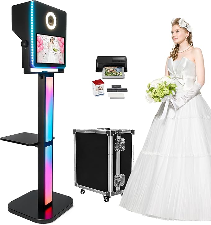 Mirror Photo Booth with Printer Included, 15.6-in Touch Screen Selfie Portable Photobooth Machine for Events Wedding Birthday School Party RGB Lights Stand Flight Case (Black Color+ Printer No Camera)