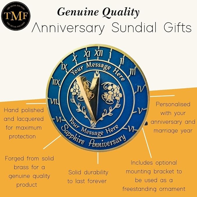 The Metal Foundry Personalized Sapphire 45th Large Sundial - Recycled Brass Home Decor Or Garden Present Idea Made in The UK for Parents, Grandparents, Friends, Couples 45 Yr Marriage
