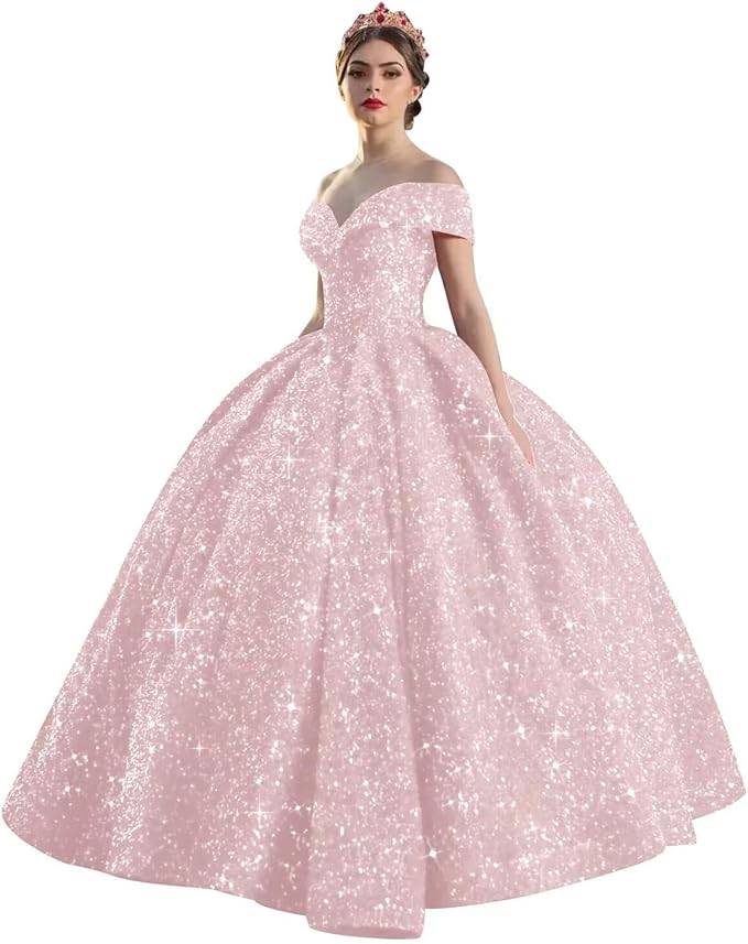 Quinceanera Dress Long Ball Gown Sparkly Sequin Off Shoulder V Neck Prom Dresses