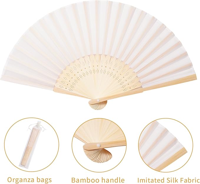 50pcs Cream-Coloured Imitated Silk Fabric Bamboo Folded Hand Fan Bridal Dancing Props Church Wedding Party Favors with Organza Bags
