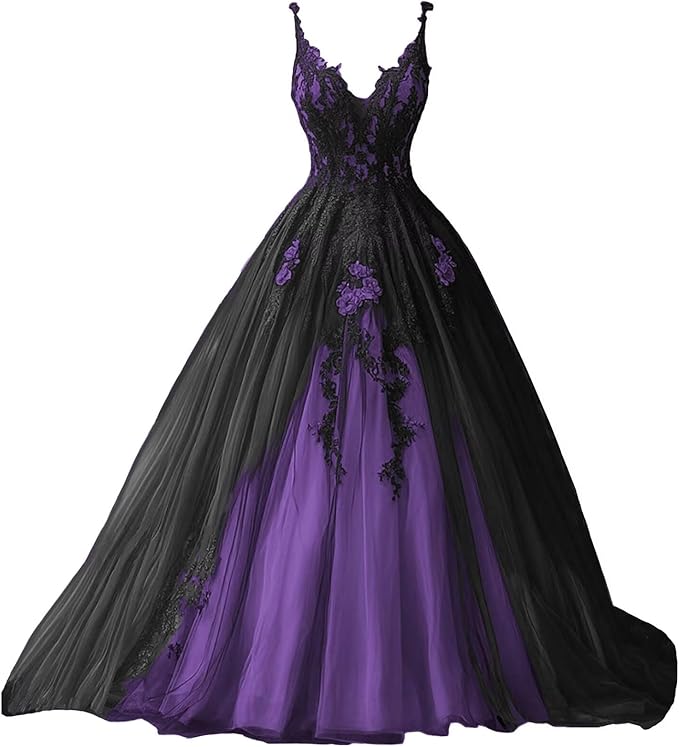 TRHTX Spaghetti Straps Wedding Dresses for Bride Layered Tulle Gothic Black Bridal Gowns Lace Applique Wedding Gowns