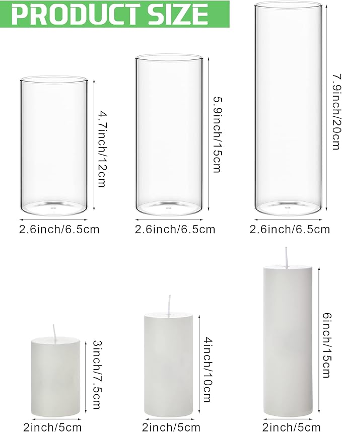 Shihanee Set of 36 Pillar Candles and Glass Cylinder Vases Clear Cylinder Holders for Slim Pillar Candles Wedding Centerpieces(2.6'' X 4.7'', 5.9'', 7.9'',White)