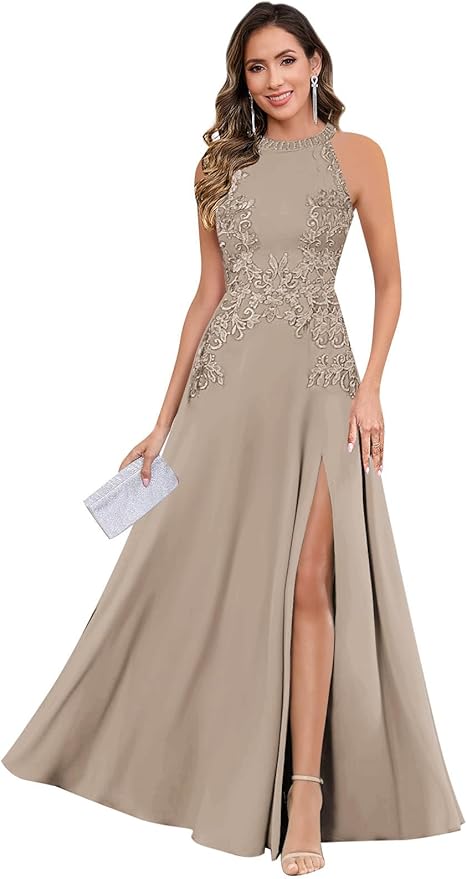 GUKARLEED Halter Lace Appliques Mother of The Bride Dresses for Women Long A-line Formal Wedding Guest Dress with Slit