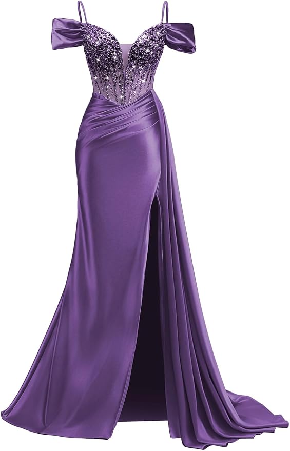 Rjer Off The Shoulder Satin Prom Dresses Long with Slit Tail 2026 Sequin Beaded Pleated Evening Ball Gown for Women Formal