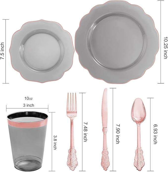 BUCLA 30Guests Clear Black Plastic Plates With Rose Gold Silverware & Cups - Rose Gold Rim Plastic Dinnerware Ideal for Party & Valentines