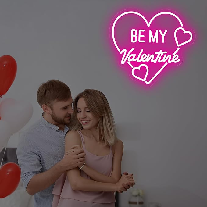 Be My Valentine Heart Neon Sign, Hot Pink Romantic Heart LED Light for Valentine's Day Gift, Bedroom, Living Room, Lover Decor, Anniversary, Couple Space Wall Art 13.8″ × 12.6″