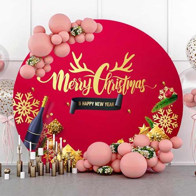 YongFoto Merry Christmas Round Backdrop Cover 6ft Champagne Gift Box Clock Snowflakes Red Gold Background Xmas Eve Happy New Year's Night Festival Carnival Family Celebration Party Banquet Decor