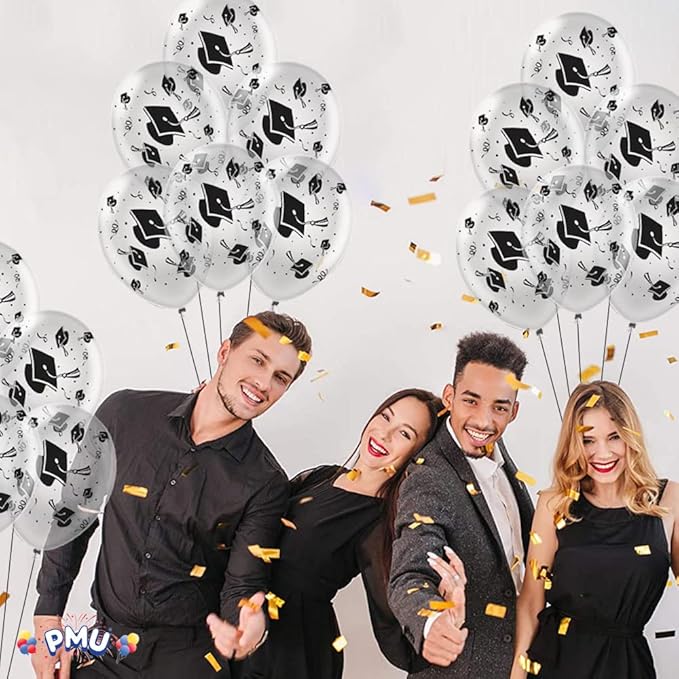 PMU 100 Pcs Clear Graduation Balloons Class of 2025 with All-Over Print White Grad Caps-Confetti and Streamers | Graduation Party Supplies | Congratulations Grad Latex Balloons Latex