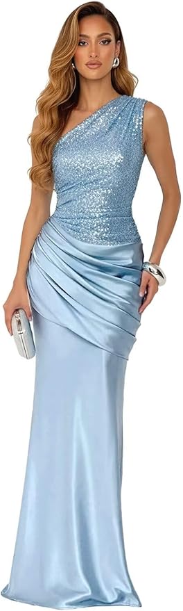 Sparkly Sequins Mermaid Prom Dress 2026 for Women Long Satin One Shoulder Asymmetrical Pleated Formal Evening Gown
