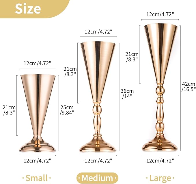 NUPTIO Tabletop Metal Wedding Flower Trumpet Vase Table Decorative Centerpiece Artificial Flower Arrangements for Anniversary Ceremony Party Birthday Event Aisle Home Decoration (10 x M, Gold)