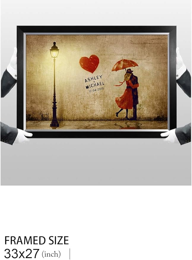 IPIC - Our First Kiss Personalized Framed Artwork for Romantic Anniversary and Wedding gifts; Picture size: 30x20, Framed Size: 33x23