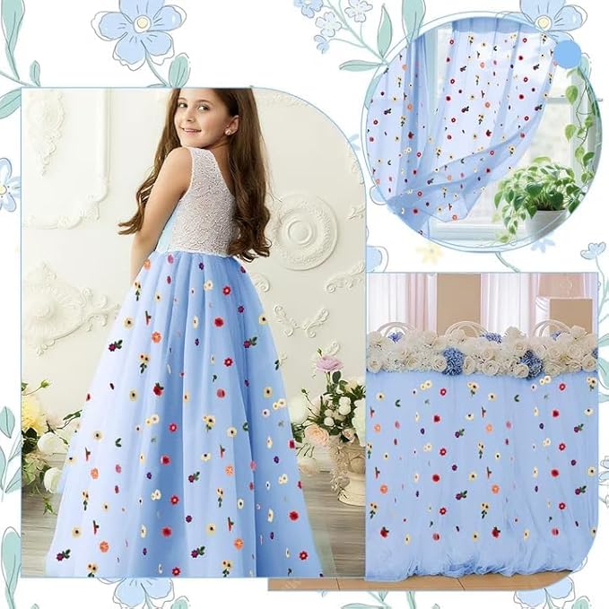 6PCS Blue Floral Table Runner 10 FT, Embroidery Daisy Table Runners Seasonal Spring Summer Sheer Tulle Dining Table Decor for Home Party Birthday Decor 29x120 Inch ﻿