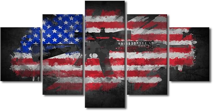 Black and White Canvas Painting Prints and Poster American Flag with Gun 5 Panel Pictures Home Decor Living room Wall Decorations Modern Large Artwork Home Decor Stretched and Framed 60" Wx32 H