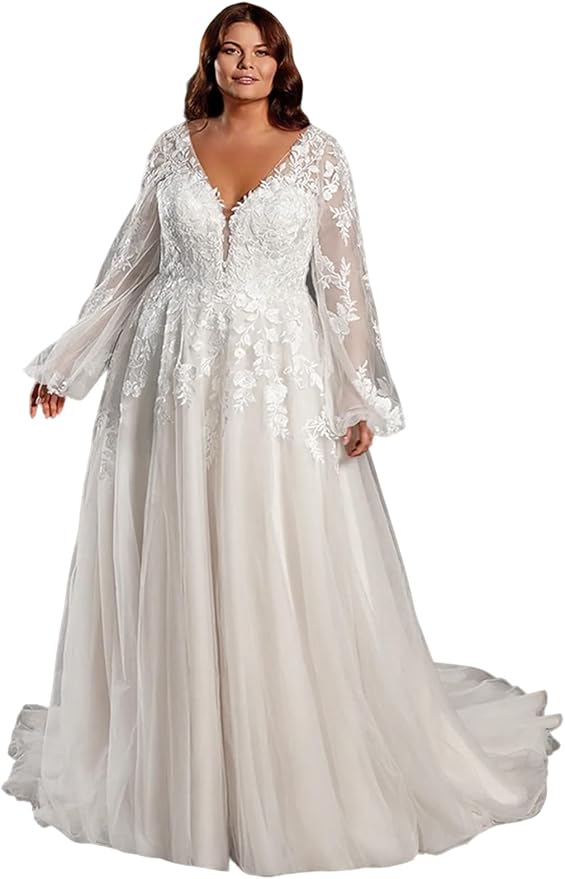 Plus Size Wedding Dresses for Bride Long Sleeve Wedding Bridal Gowns with Lace Appliques Off Shoulder Bride Dress