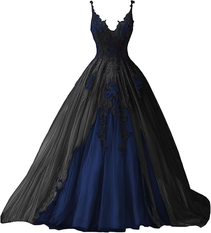 TRHTX Spaghetti Straps Wedding Dresses for Bride Layered Tulle Gothic Black Bridal Gowns Lace Applique Wedding Gowns