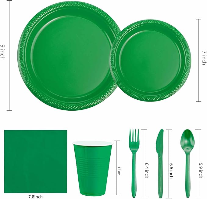 MirthMood 350pcs Green Plastic Plates, green Plates Set, Including Green Disposable Plates and Napkins, Plastic Cutlery and 12OZ Cups, Serve 50 Guests for Party & Wedding