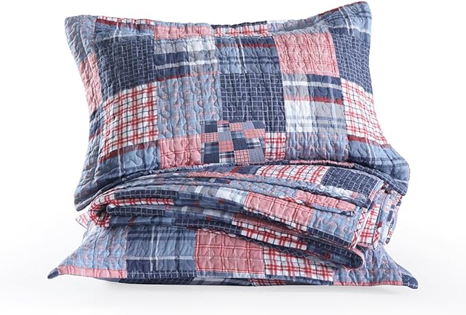 Cotton Bedding Quilt Sets Reversible All Season Real Patchwork Coverlet Sets All Season Blue Bedspread, Houndstooth Plaid Pattern, Queen Size