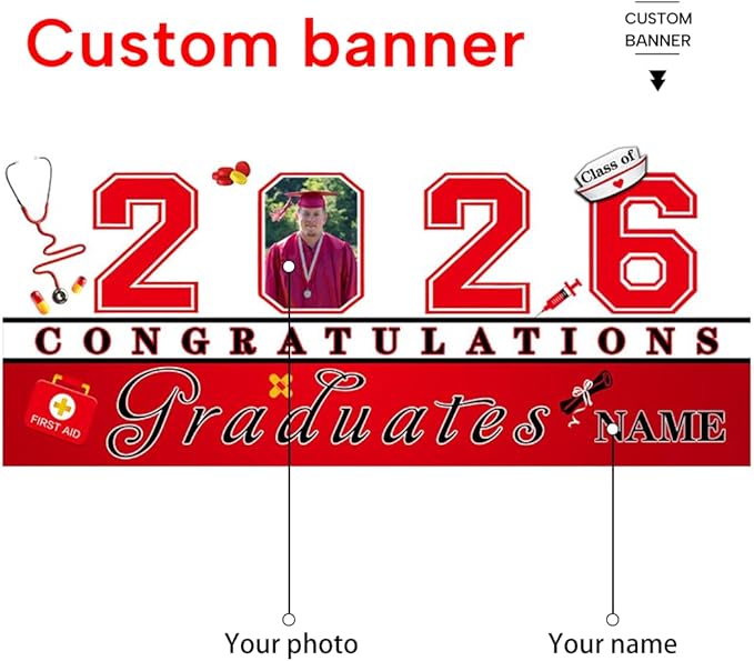 Custom Photo Graduation Garage Door Banner Personalized 2026 Grad Banner 7x16ft Porch Door Sign Decoration Outdoor Photo Booth Backdrop Party Supplies(Nurse Red)