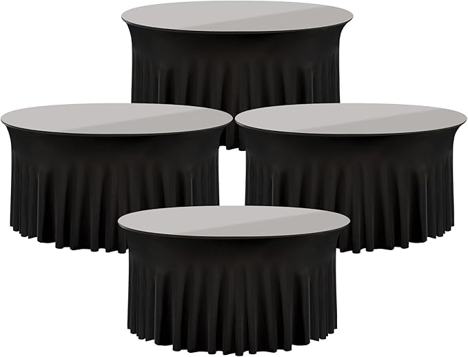 4 Pack Black Round Spandex Tablecloth 60 Inch, Wrinkle Free Stretch 120 Inch Fitted 5ft Black Table Cloths Round Table Covers with Ruffle Skirt for Graduation Wedding Party Banquet
