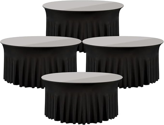 4 Pack Black Round Spandex Tablecloth 60 Inch, Wrinkle Free Stretch 120 Inch Fitted 5ft Black Table Cloths Round Table Covers with Ruffle Skirt for Graduation Wedding Party Banquet