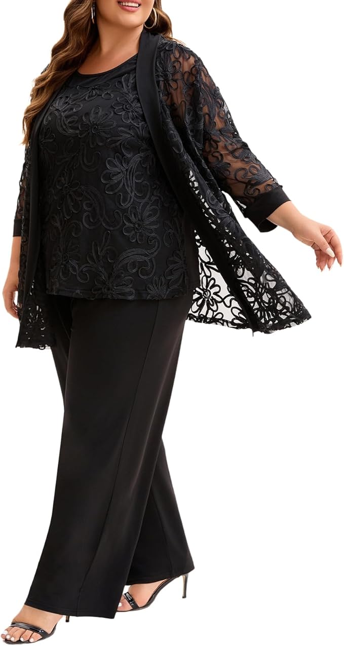 Plus Size 3 Piece Floral Embroidered Pantsuit Set Women Mother of Bride Wedding Guest Formal Evening Cocktail Party Attire