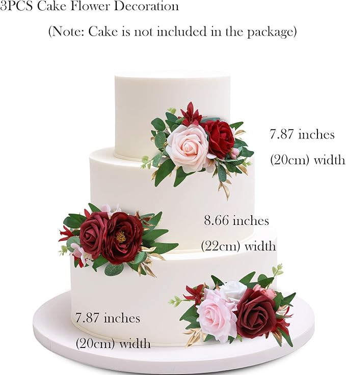 Marriwise 3Pcs Pre-made Cake Toppers Flowers, Burgundy Red Wedding Cake Decoration,Artificial Flowers Decor for Wedding Ceremony Anniversary,Birthday Party,Outdoor Forest (Burgundy Red)