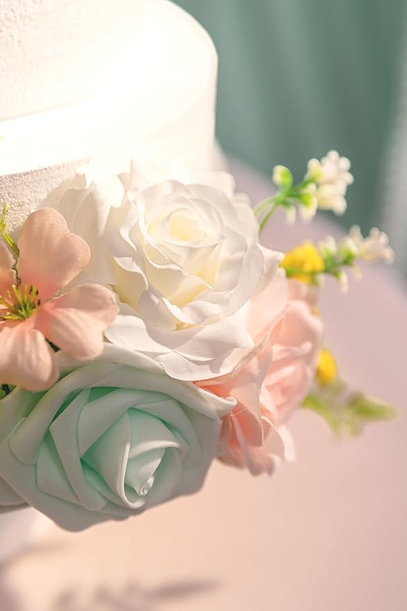TINGE TIME 3Pcs Pre-made Cake Toppers，Silk Artificial Flowers Decor，Cake Decorations for Weddings, Birthdays, Party,Baby Shower,Celebration (Mint Green and Pink)
