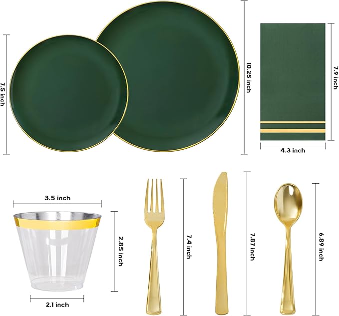 NOCCUR 350PCS Green Plastic Plates - Disposable Green Gold Dinnerware Set for 50 Guests, 100 Dinner/Dessert Plates, 150 Gold Silverware, 50 Cups&50 Napkins for Party/Wedding