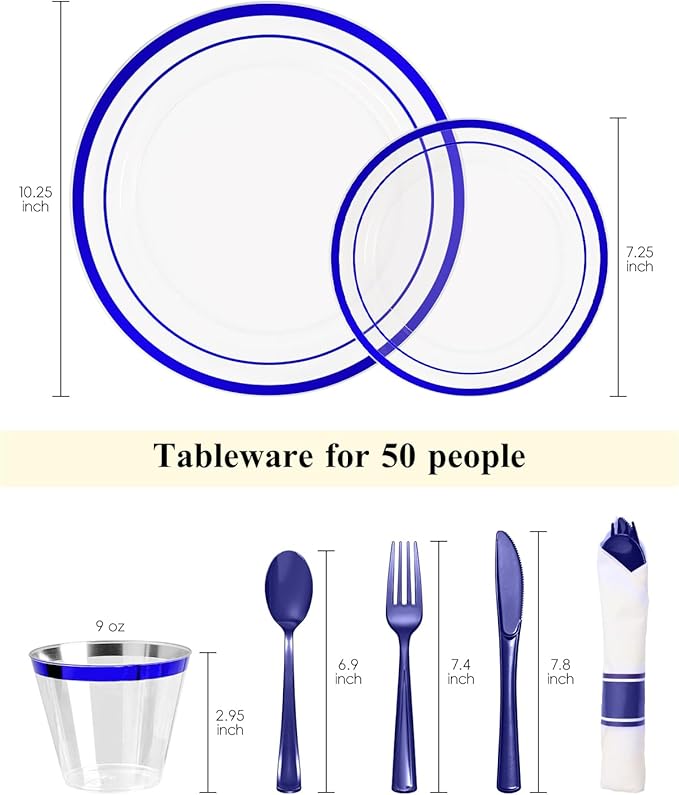 Goodluck 350 Piece Blue Plastic Plates, Clear Plastic Silverware Disposable Plates Set, Include 100Plates, 50Pack Pre Rolled Napkins with Silverware, 50Cups for Party, Wedding, Graduation
