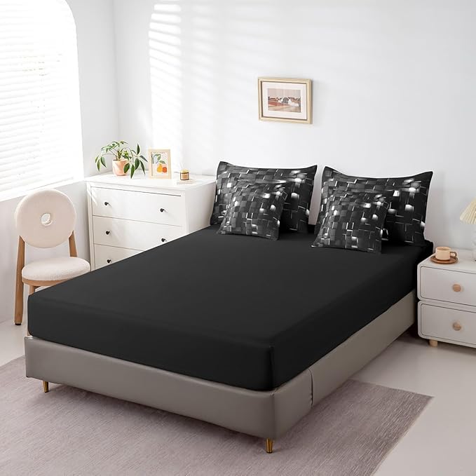 Feelyou Grey and Black Bedding Set Full Size Kids Light Geometric Comforter Set with Sheets 7 Piece Bed in a Bag forModern Bed Set with Comforter,Sheets,Pillowcases,Cushion Covers